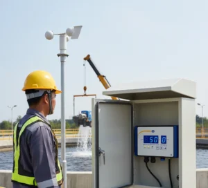 Teknisi Indonesia memantau perangkat PCE-WSAC 50-210 di panel outdoor WWTP dengan anemometer cup di tiang; LED pre-alarm menyala saat angin meningkat.