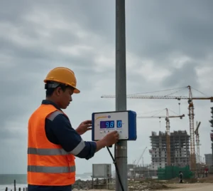 Teknisi memeriksa PCE-WSAC 50-211 pada panel luar ruang dengan beacon kuning menyala di lokasi konstruksi berangin; layar menampilkan kecepatan angin real-time.
