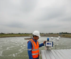 teknisi Indonesia memeriksa PCE-WSAC 50-310 di area WWTP dengan anemometer 4–20 mA, LED kuning pre-alarm menyala, menggambarkan pemantauan angin untuk keselamatan kerja.