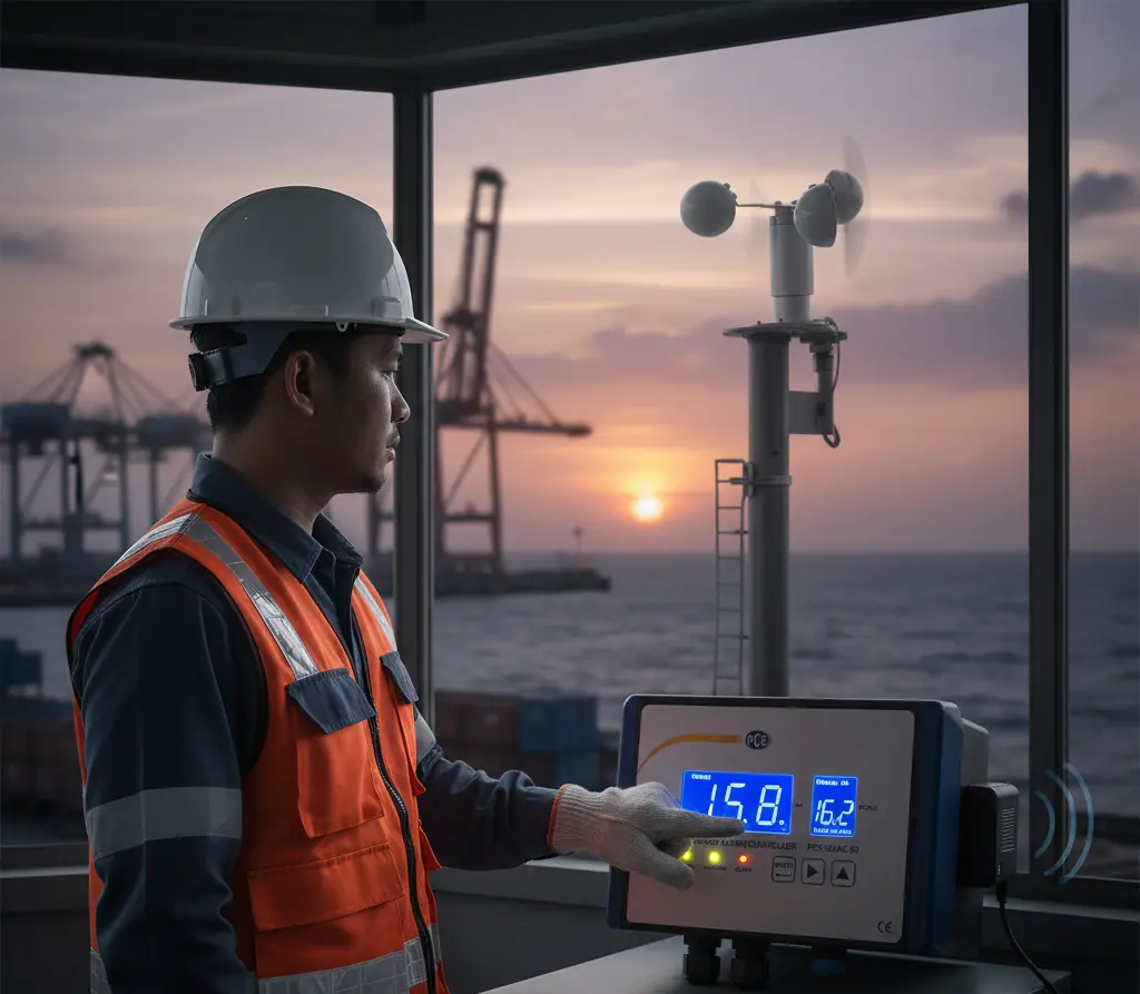 Operator di dermaga memantau panel PCE-WSAC 50-311 dengan LED pre-alarm menyala, anemometer terlihat di menara luar ruangan, menggambarkan pemantauan kecepatan angin real-time untuk keselamatan crane.