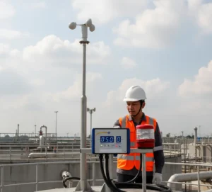 teknisi Indonesia mengatur panel anemometer PCE-WSAC 50-320 di atap tangki WWTP dengan anemometer cawan pada tiang, LED alarm menyala dan tampilan kecepatan angin terlihat jelas.