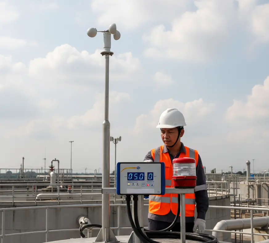 teknisi Indonesia mengatur panel anemometer PCE-WSAC 50-320 di atap tangki WWTP dengan anemometer cawan pada tiang, LED alarm menyala dan tampilan kecepatan angin terlihat jelas.