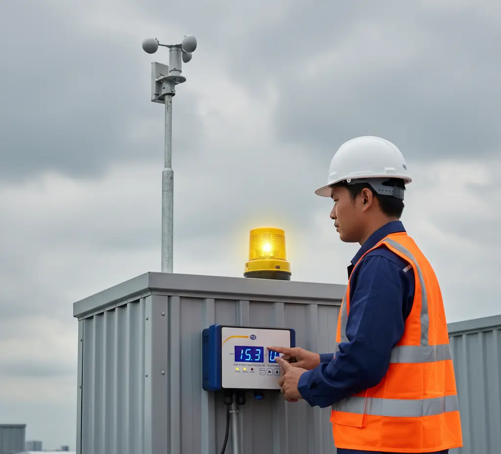 Teknisi Indonesia memeriksa panel PCE-WSAC 50-321 dengan anemometer di atap pabrik; tampilan m/s dan LED pre-alarm terlihat jelas, menekankan pemantauan angin untuk keselamatan pengangkatan.