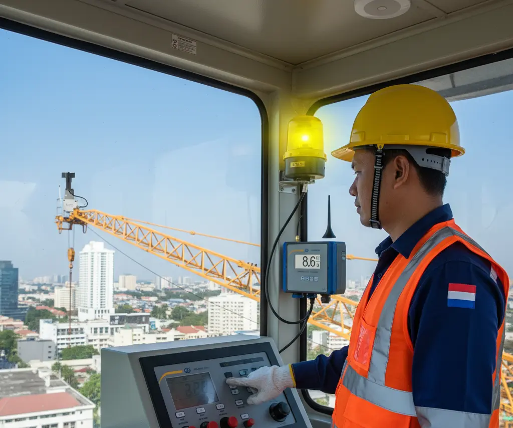 Teknisi di kabin crane memantau kecepatan angin pada display PCE-WSAC 50W 230-ICA, dengan anemometer cup terpasang di ujung jib dan lampu peringatan aktif.