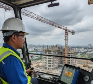 Operator crane memantau display PCE-WSAC 50W 24 yang menampilkan kecepatan angin, dengan latar boom crane di proyek konstruksi dan langit berawan.