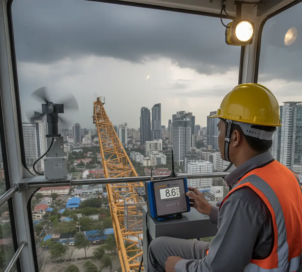 Teknisi memantau display PCE-WSAC 50W 24-ICA di kabin crane dengan sensor anemometer terpasang di ujung boom, menunjukkan kecepatan angin real-time.