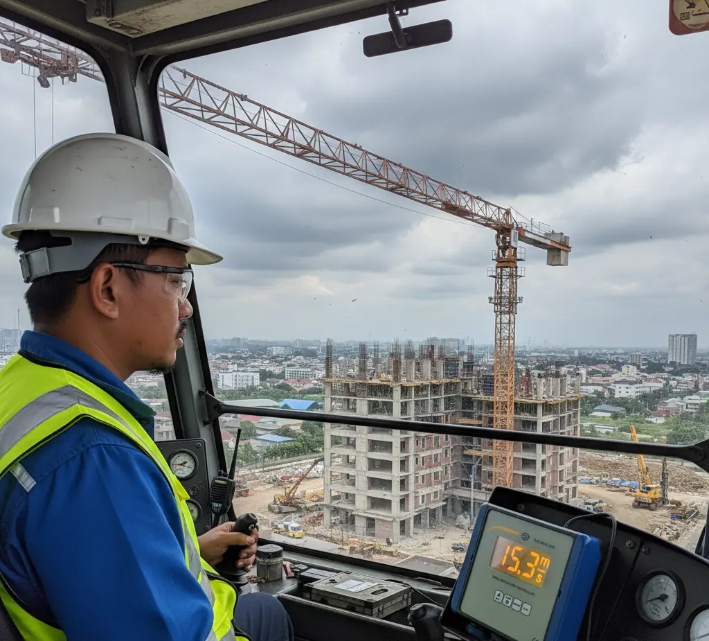 Operator crane memantau display PCE-WSAC 50W 24 yang menampilkan kecepatan angin, dengan latar boom crane di proyek konstruksi dan langit berawan.