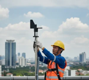teknisi Indonesia memeriksa sensor arah angin PCE-WV A bermaterial plastik PA di atap gedung, terhubung ke konduit kabel 20 m, dengan latar kota dan langit berawan.