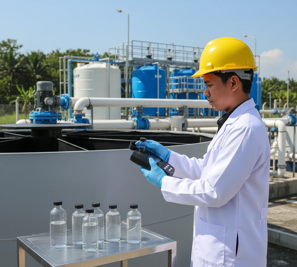 Teknisi laboratorium Indonesia mengukur kekeruhan sampel air di instalasi pengolahan air minum menggunakan TB100 portable turbidity meter dengan beberapa vial sampel di atas meja kerja.