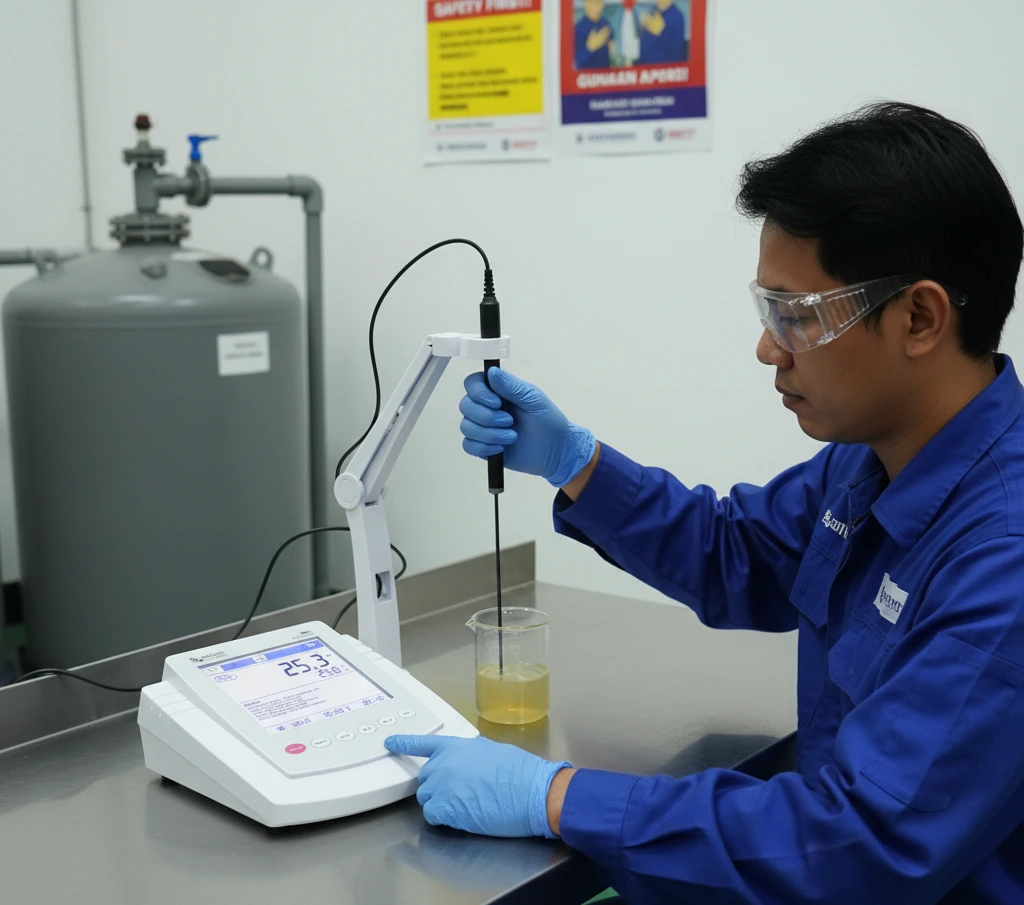 Teknisi laboratorium Indonesia mengukur sianida dengan Bante931-CN di area WWTP pabrik pelapisan logam, menampilkan layar LCD besar dengan pembacaan ppm dan ikon ATC.