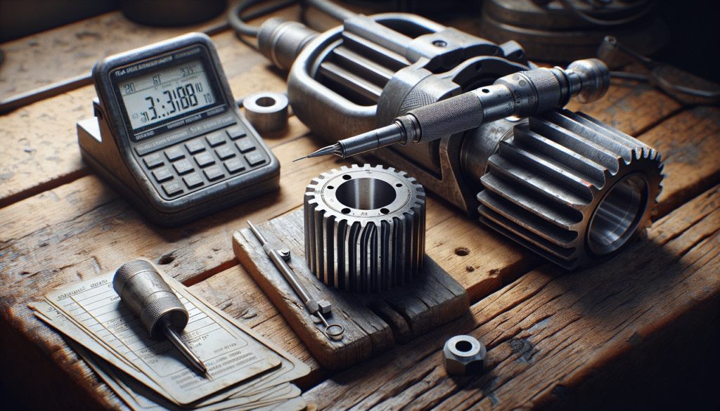 Close-up of a metal automotive component undergoing surface roughness testing with a precision stylus on a worn workbench, highlighting technical standards for metal surface quality.