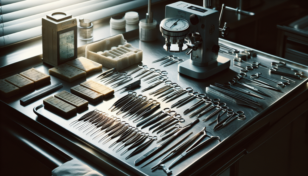 Close-up of surgical instruments on a tray with surface wear patterns and measurement tools, illustrating the impact of surface roughness on corrosion.