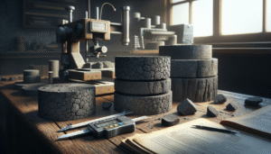 Weathered asphalt core samples on a workbench with a tensile strength testing machine, illustrating technical analysis for optimal road performance.