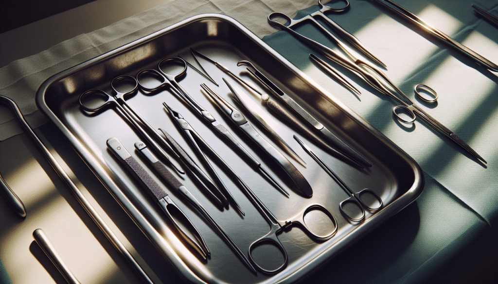 Close-up of surgical instruments on a stainless steel tray, showing authentic wear and surface texture for control of surgical tool cleanliness in an Indonesian hospital CSSD.
