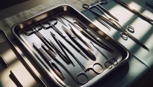 Close-up of surgical instruments on a stainless steel tray, showing authentic wear and surface texture for control of surgical tool cleanliness in an Indonesian hospital CSSD.