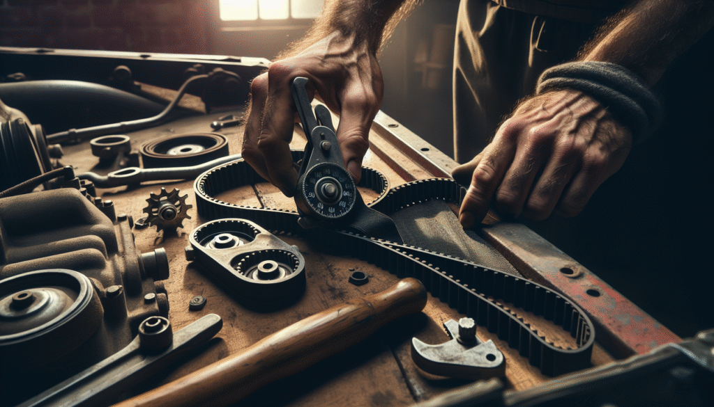 Mechanic adjusting tension on a worn automotive timing belt with a tension gauge in a genuine workshop.