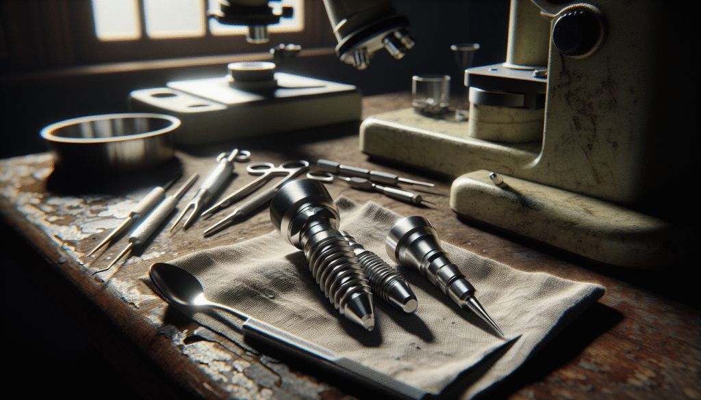 Titanium dental implant abutment with machining marks and surgical tools on a textured cloth in a dental lab, illustrating surface roughness optimization.