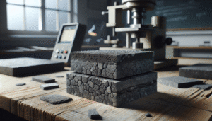 Close-up of weathered asphalt pavement samples on a workbench in a materials testing lab, demonstrating crack resistance and flexural strength optimization.