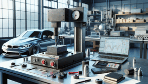Universal testing machine measuring stress on carbon fiber composite material in an automotive engineering lab.