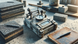 Close-up of Marshall stability test equipment and asphalt core samples on a construction site, demonstrating asphalt strength testing for improved construction efficiency.
