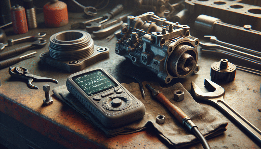 Professional mechanic using a vibration meter to analyze engine component vibrations on a workshop bench.