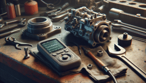 Professional mechanic using a vibration meter to analyze engine component vibrations on a workshop bench.