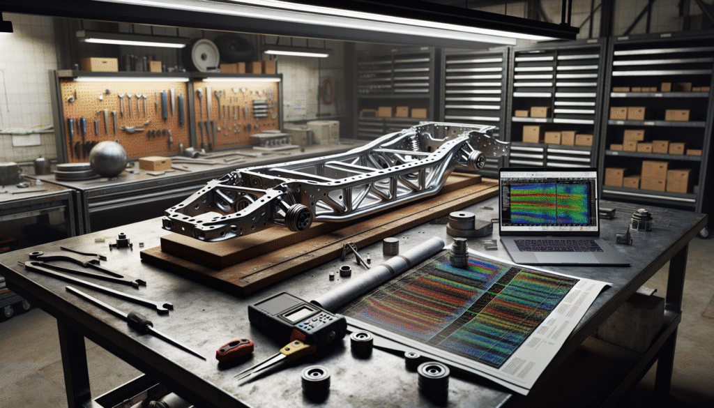 A vehicle chassis frame undergoing FEA simulation stress analysis on a workbench in an automotive engineering lab.