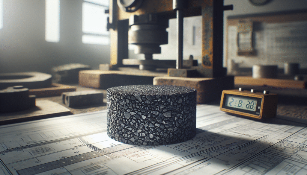 Weathered asphalt core sample on a road cross-section blueprint in a testing lab, illustrating methods for optimizing asphalt durability under heavy loads.