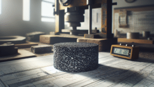 Weathered asphalt core sample on a road cross-section blueprint in a testing lab, illustrating methods for optimizing asphalt durability under heavy loads.