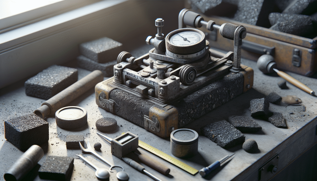 Close-up of Marshall stability test apparatus and textured recycled asphalt pavement (RAP) samples on a workbench for asphalt strength and integrity testing.