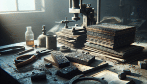Weathered asphalt core samples on a laboratory table with Marshall stability test apparatus, illustrating Bina Marga and SNI parameter strength testing standards.
