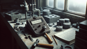 Weathered asphalt strength meter on a laboratory workbench with Marshall hammer and sample molds for comprehensive hot mix asphalt testing.
