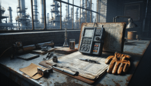 Weathered industrial engineer's workspace in an oil refinery with an ultrasonic thickness gauge, inspection checklists, and worn gloves, demonstrating oil refinery strength testing for safety.
