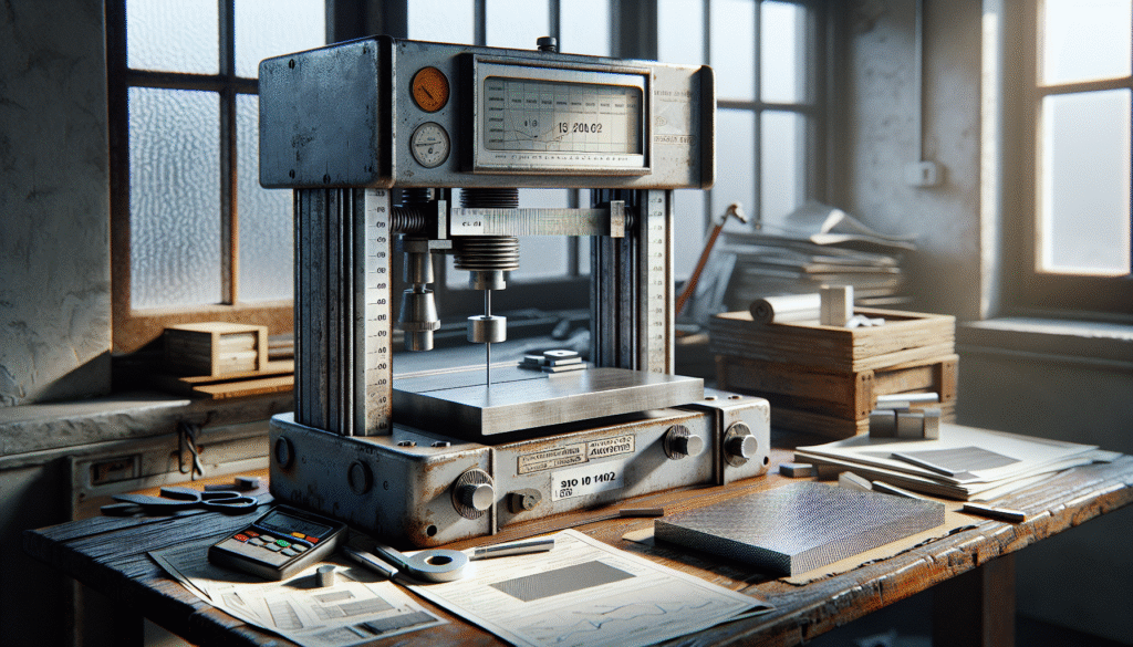 Close-up of a tensile testing machine and sustainable automotive materials like aluminum alloy and carbon fiber in an Indonesian lab, illustrating material strength testing.