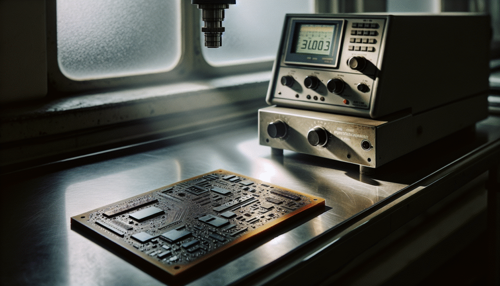 Close-up of a medical-grade PCB on an inspection workstation with a non-contact profilometer, illustrating IPC Level 3 roughness measurement standards.