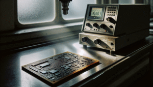 Close-up of a medical-grade PCB on an inspection workstation with a non-contact profilometer, illustrating IPC Level 3 roughness measurement standards.