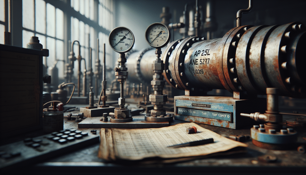 Aged API 5L steel pipe with corrosion patina and testing gauges on a workbench in an oil and gas facility, illustrating material selection and testing for high-pressure applications.