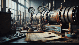 Aged API 5L steel pipe with corrosion patina and testing gauges on a workbench in an oil and gas facility, illustrating material selection and testing for high-pressure applications.