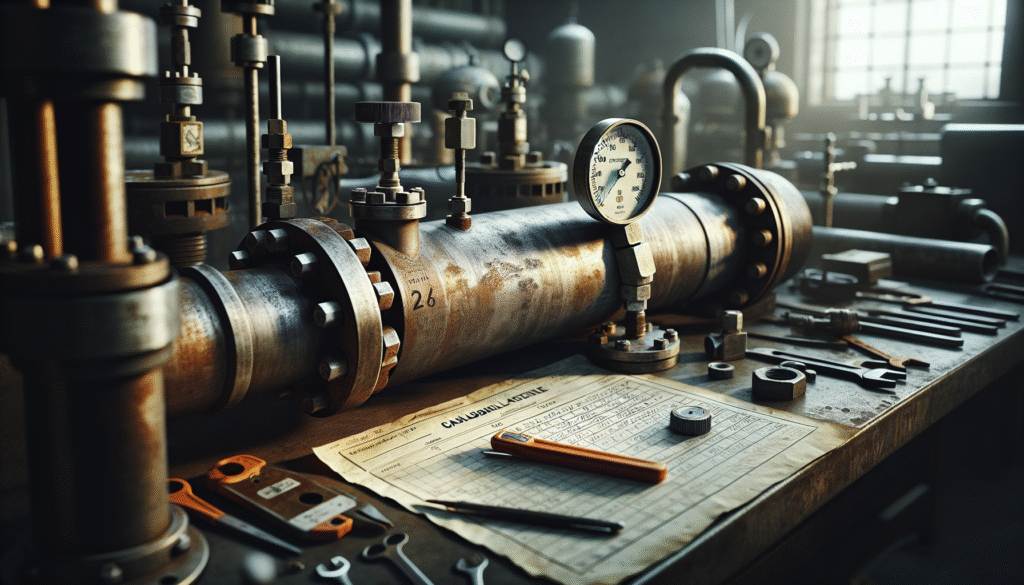 Weathered oil and gas testing equipment in an industrial workshop, featuring a pressure gauge and calibration chart, demonstrating rigorous strength testing strategies.