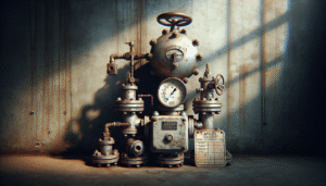 Weathered pressure gauge and safety valve assembly with inspection tag in an Indonesian oil and gas facility, illustrating strength testing strategies for K3 workplace safety.