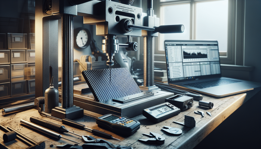 Tensile testing machine analyzing a carbon fiber composite sample for automotive material strength validation, with stress-strain curve on laptop.