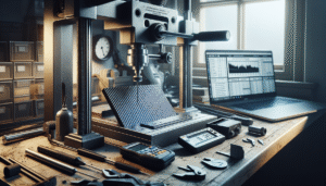 Tensile testing machine analyzing a carbon fiber composite sample for automotive material strength validation, with stress-strain curve on laptop.