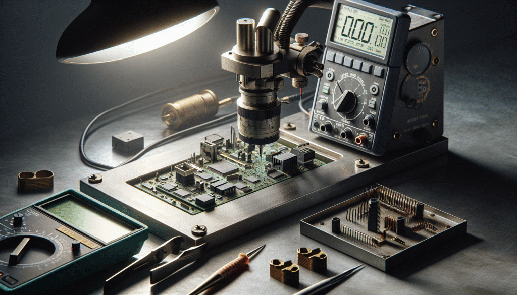 Precision shear test machine applying force to a soldered component on a PCB for quality verification.