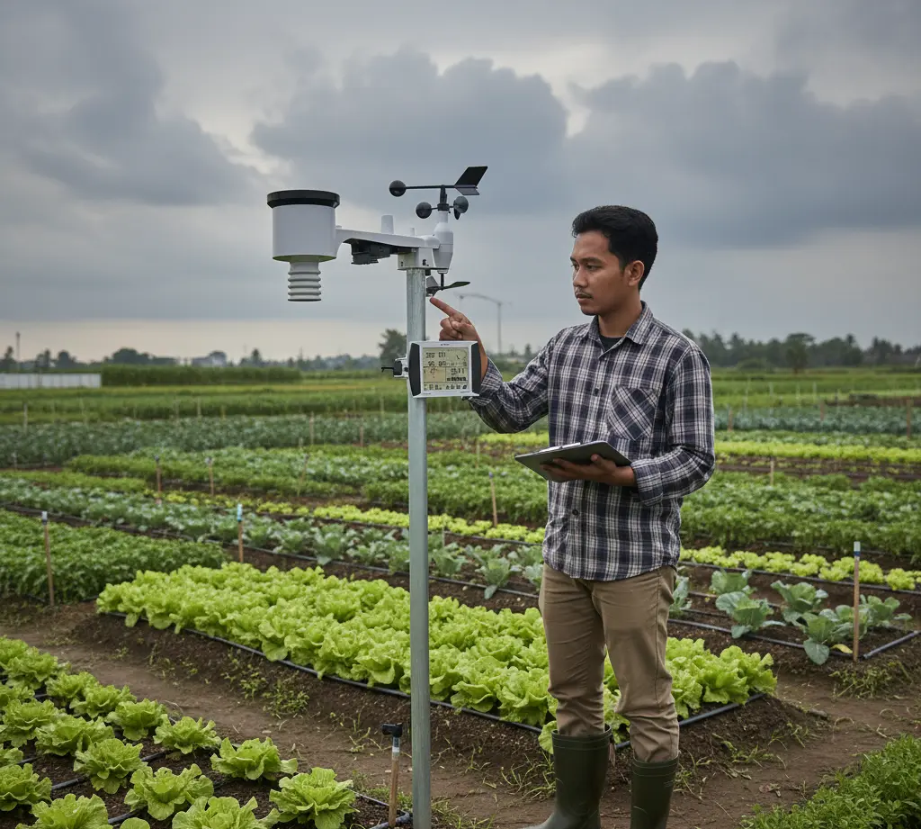 Peneliti Indonesia memeriksa data cuaca pada stasiun PCE-FWS 20N-1 yang terpasang di kebun percobaan sayuran.