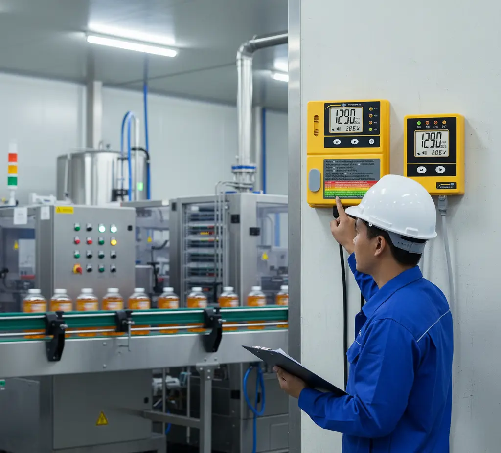 Teknisi Indonesia memeriksa monitor CO2 dinding PCE-WMM 50-ICA di ruang produksi minuman untuk memastikan kualitas udara tetap aman bagi pekerja.