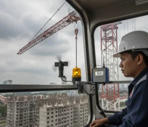Teknisi Indonesia memantau kecepatan angin pada unit PCE-WSAC 50W 230 di kabin tower crane dengan lampu peringatan menyala dan latar proyek konstruksi.
