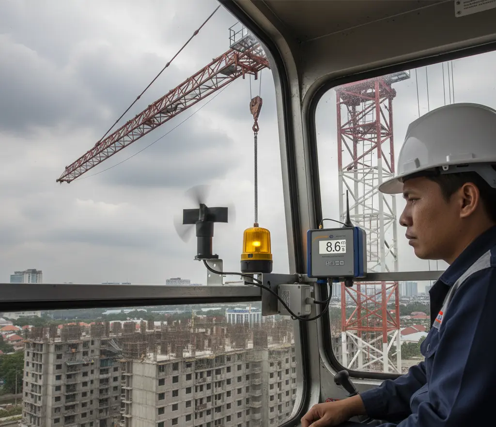 Teknisi Indonesia memantau kecepatan angin pada unit PCE-WSAC 50W 230 di kabin tower crane dengan lampu peringatan menyala dan latar proyek konstruksi.