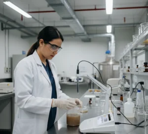 Teknisi laboratorium Indonesia sedang menggunakan A120-CN pH Meter Bante untuk mengukur pH air limbah