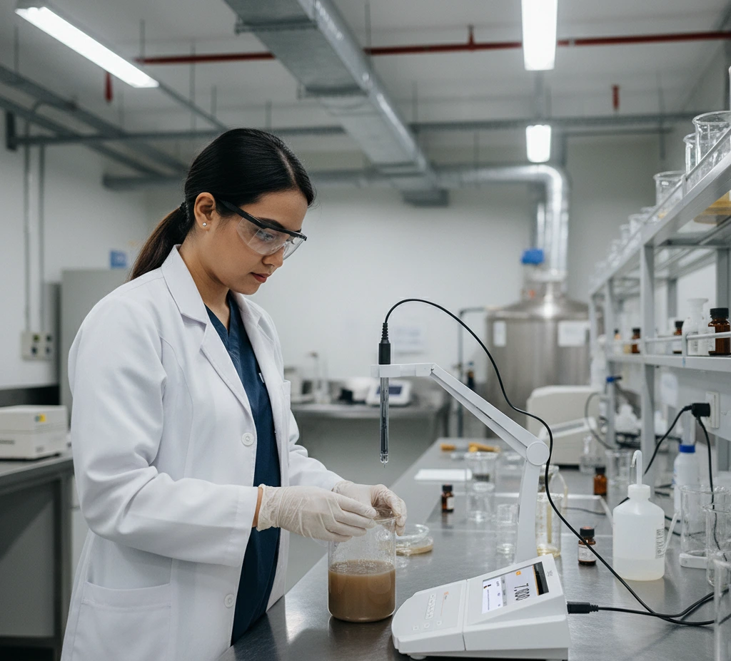 Teknisi laboratorium Indonesia sedang menggunakan A120-CN pH Meter Bante untuk mengukur pH air limbah