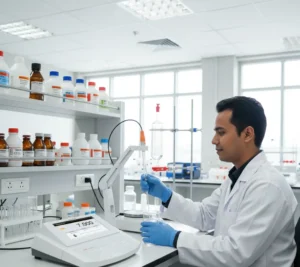 Seorang analis laboratorium Indonesia sedang menggunakan A120-UK Laboratory pH Meter di meja kerja untuk mengukur pH sampel air dalam beaker, dengan elektroda kaca terpasang pada lengan penyangga dan layar digital 7 inci yang menampilkan nilai pH dan suhu.